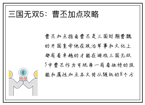 三国无双5：曹丕加点攻略