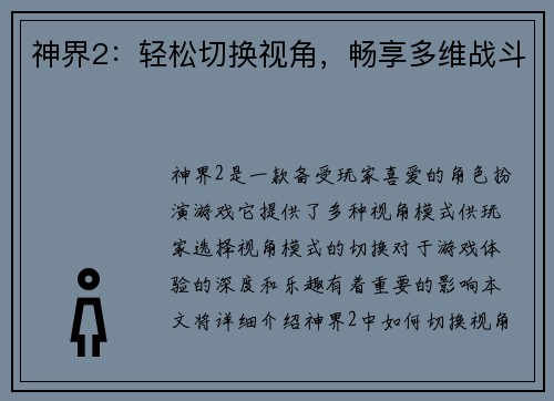 神界2：轻松切换视角，畅享多维战斗